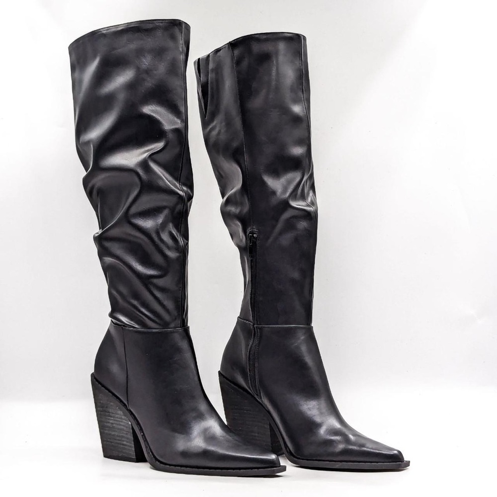 S louchy knee high pointed toe chunky block heel boots